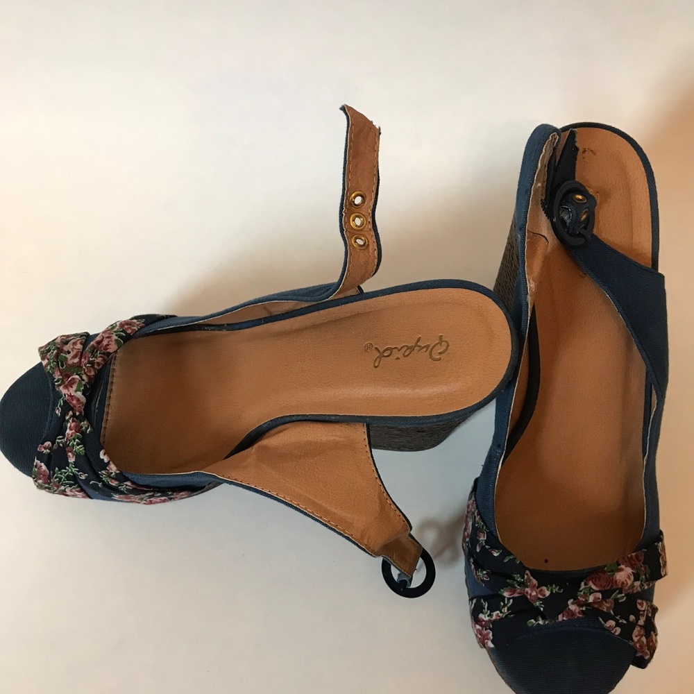 Qupid Blue Canvas Bow Slingback Wedge - Picture 7 of 8